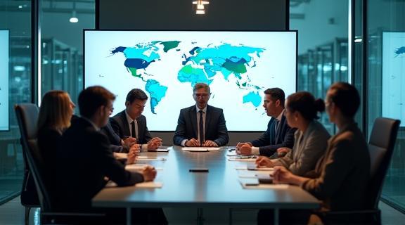 International engineers collaborating in a high-tech meeting room