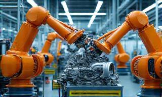 Automotive parts and robotic arms in manufacturing plant