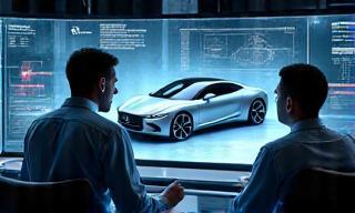 Engineers at virtual workstation designing a futuristic vehicle